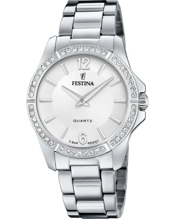 Γυναικείο ρολόι Festina Crystals F20593 / 1, Ασημί καντράν, Μπρασελέ από Ανοξείδωτο ατσάλι