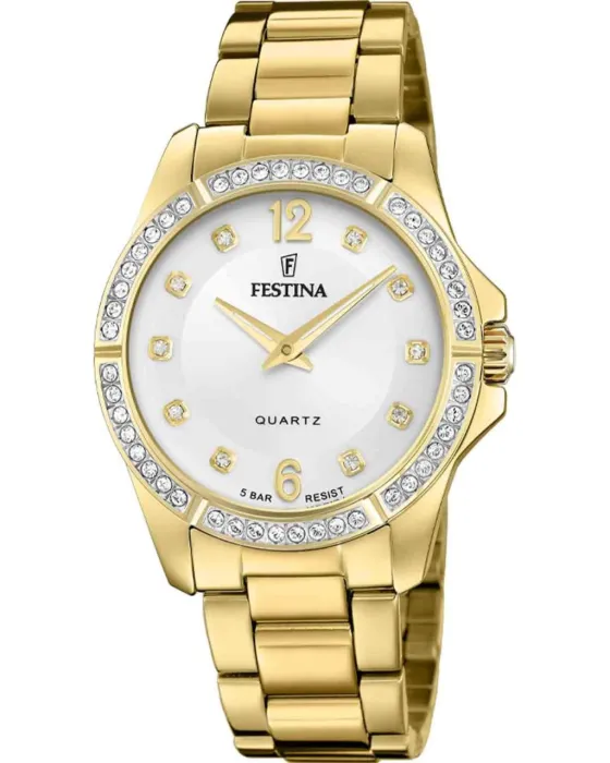 Γυναικείο ρολόι Festina Crystals F20596/1, Λευκό καντράν, Μπρασελέ από Ανοξείδωτο ατσάλι