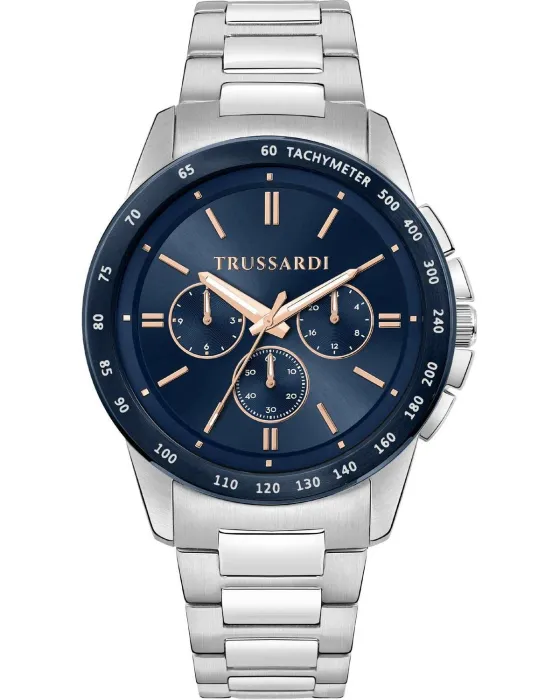 Ανδρικό ρολόι Trussardi Τ-Hawk Dual Time R2453153005, Μπλε καντράν, Μπρασελέ από Ανοξείδωτο ατσάλι