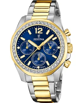 Γυναικείο ρολόι Festina Crystals Chronograph F20607/2, Μπλε καντράν, Μπρασελέ από Ανοξείδωτο ατσάλι