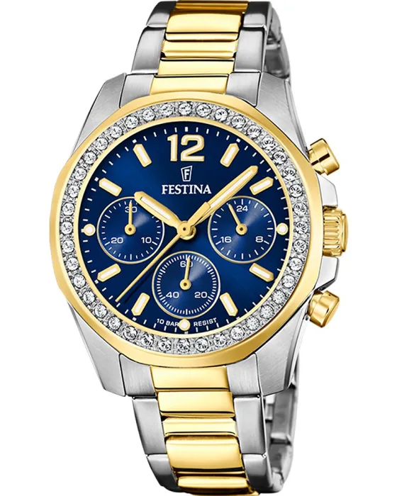 Γυναικείο ρολόι Festina Crystals Chronograph F20607/2, Μπλε καντράν, Μπρασελέ από Ανοξείδωτο ατσάλι