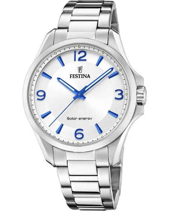 Ανδρικό ρολόι Festina Solar Energy F20656/1, Λευκό καντράν, Μπρασελέ από Ανοξείδωτο ατσάλι