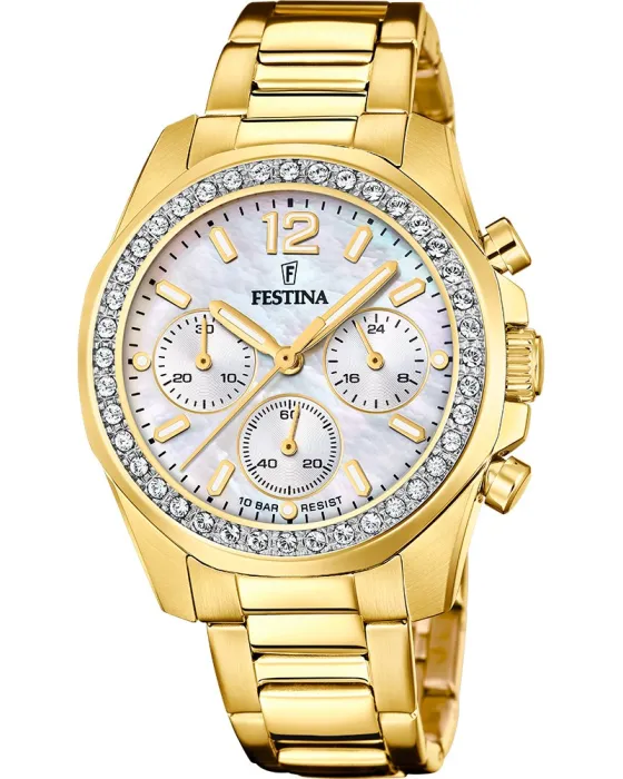 Γυναικείο ρολόι Festina Crystals Chronograph F20609 / 1, Φίλντισι καντράν, Μπρασελέ από Ανοξείδωτο ατσάλι