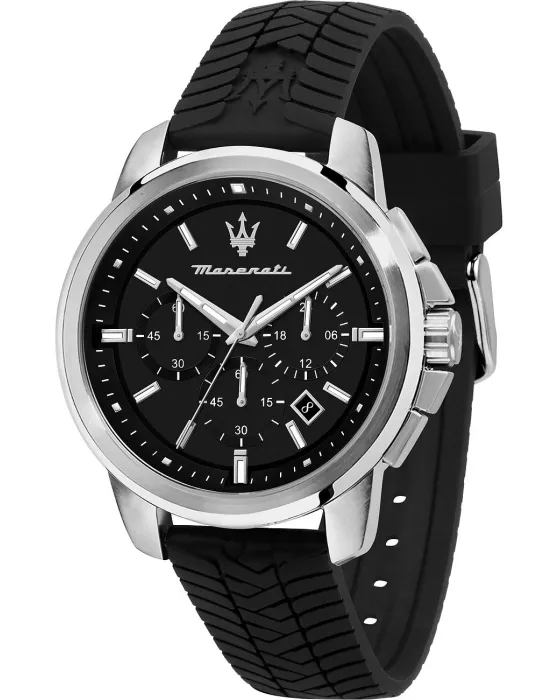 Ανδρικό ρολόι Maserati Successo Chronograph R8871621014, Μαύρο καντράν, Λουρί από Καουτσούκ