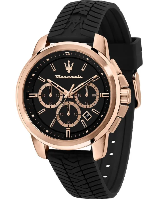 Ανδρικό ρολόι Maserati Successo Chronograph R8871621012, Μαύρο καντράν, Λουρί από Καουτσούκ