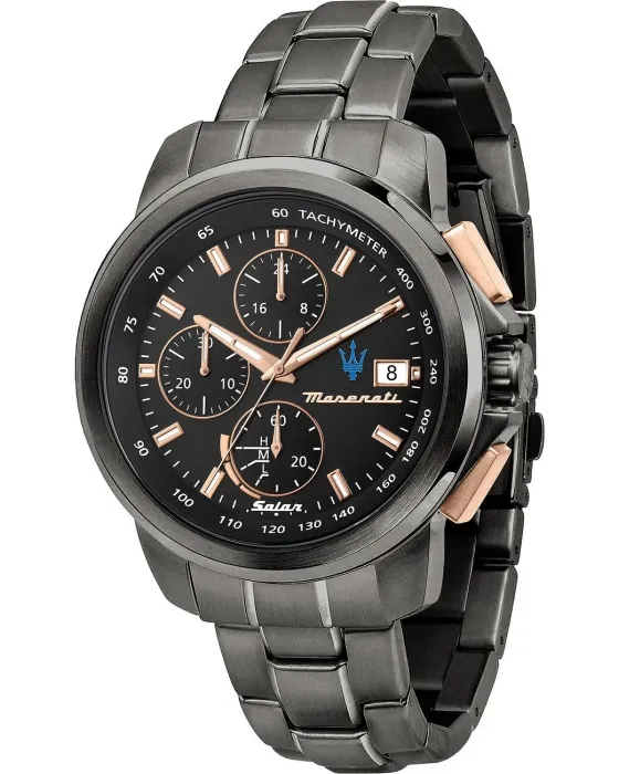 Ανδρικό ρολόι Maserati Successo Solar Chronograph R8873645001, Μαύρο καντράν, Μπρασελέ από Ανοξείδωτο ατσάλι