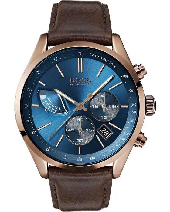 Ανδρικό ρολόι Hugo Boss Grand Prix Chronograph 1513604, Μπλε καντράν, Λουρί από Δερμάτινο