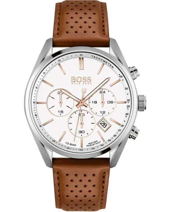 Ανδρικό ρολόι Hugo Boss Champion Chronograph 1513879, Λευκό καντράν, Λουρί από Δερμάτινο