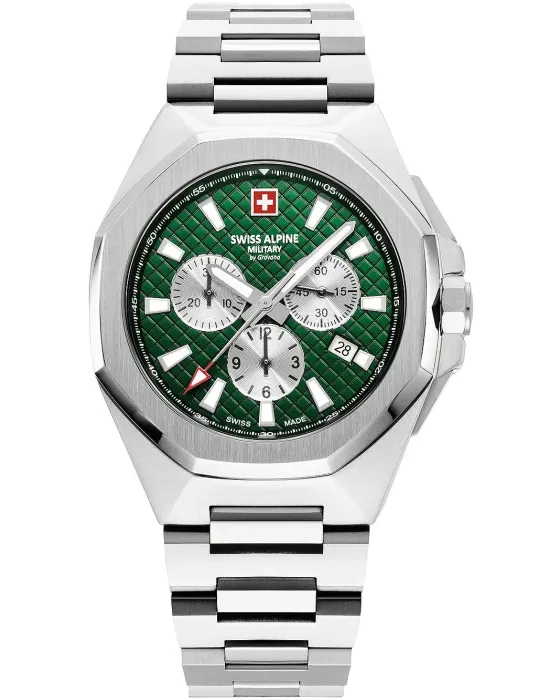Ανδρικό ρολόι Swiss Alpine Military by Grovana Typhoon Chronograph SAM7005.9134, Πράσινο καντράν, Μπρασελέ από Ανοξείδωτο ατσάλι