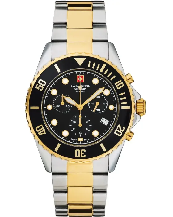 Ανδρικό ρολόι Swiss Alpine Military by Grovana Chronograph SAM7053.9147, Μαύρο καντράν, Μπρασελέ από Ανοξείδωτο ατσάλι