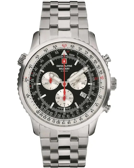 Ανδρικό ρολόι Swiss Alpine Military by Grovana Chronograph SAM7078.9137, Μαύρο καντράν, Μπρασελέ από Ανοξείδωτο ατσάλι