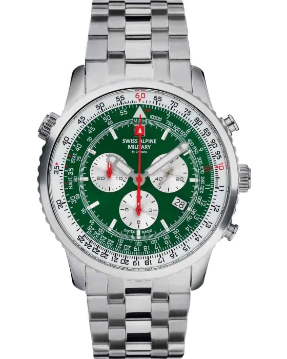 Ανδρικό ρολόι Swiss Alpine Military by Grovana Chronograph SAM7078.9134, Πράσινο καντράν, Μπρασελέ από Ανοξείδωτο ατσάλι