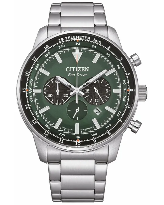 Men's watch Citizen Aviator Eco-Drive Chronograph CA4500-91X, Green dial, Bracelet in Stainless Steel