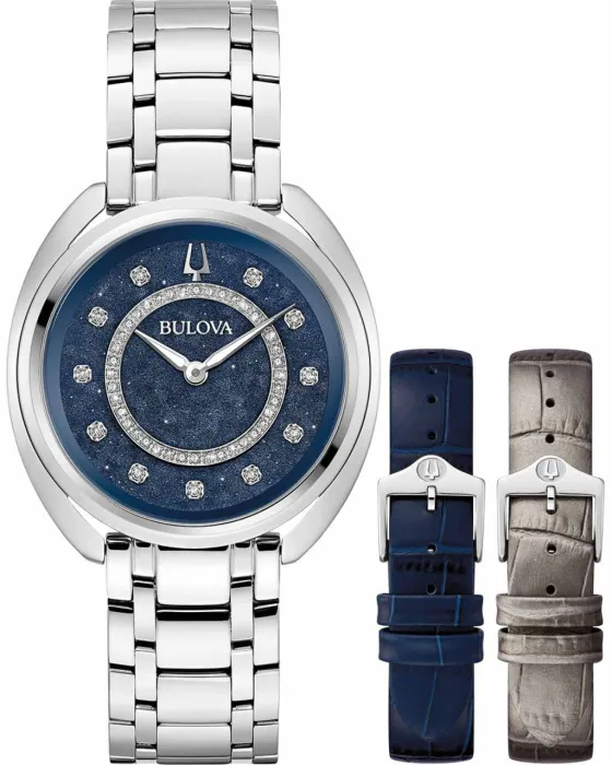 Γυναικείο ρολόι Bulova Duality Diamonds Gift Set 96X160, Μπλε καντράν, Μπρασελέ από Ανοξείδωτο ατσάλι