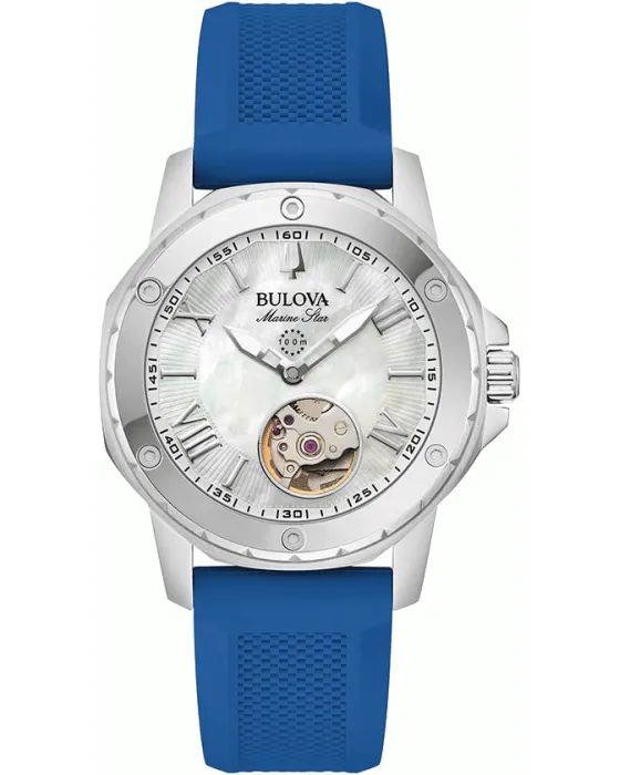Γυναικείο ρολόι Bulova Marine Star Automatic 96L324, Ασημί καντράν, Λουρί από Καουτσούκ