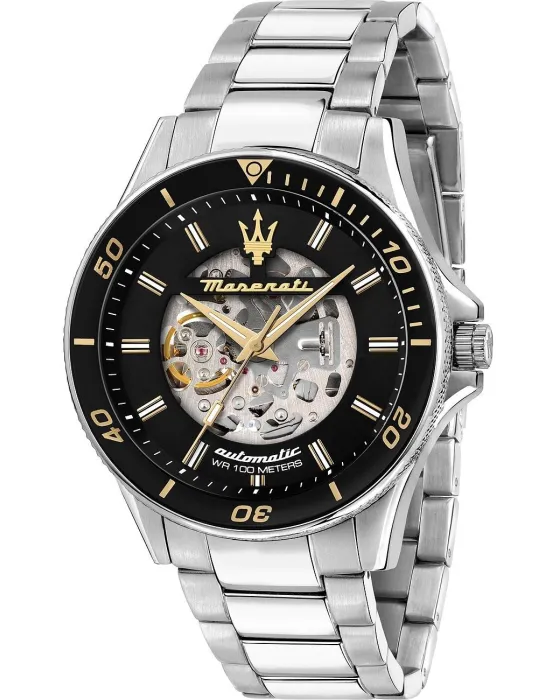 Ανδρικό ρολόι Maserati Sfida Automatic R8823140014, Μαύρο καντράν, Μπρασελέ από Ανοξείδωτο ατσάλι