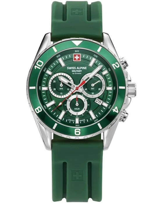 Ανδρικό ρολόι Swiss Alpine Military by Grovana Chronograph SAM7034.9834, Πράσινο καντράν, Λουρί από Καουτσούκ