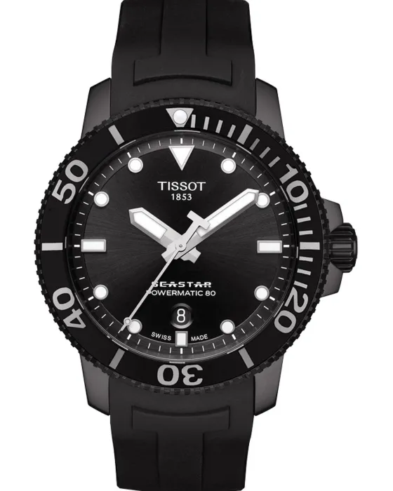 Ανδρικό ρολόι Tissot Seastar 1000 Powermatic 80 T1204073705100, Μαύρο καντράν, Λουρί από Καουτσούκ