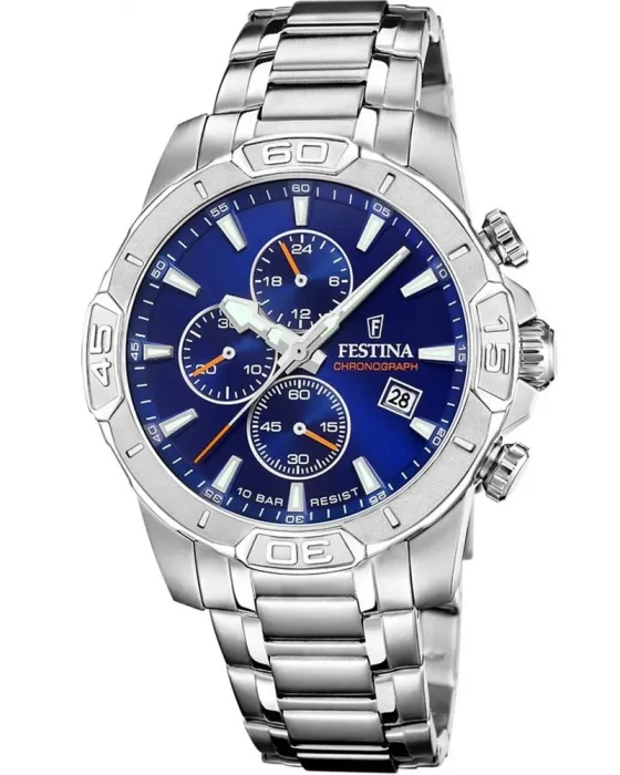 Male watch Festina Timeless Chronograph F20704/2, Blue dial, Bracelet in Stainless Steel