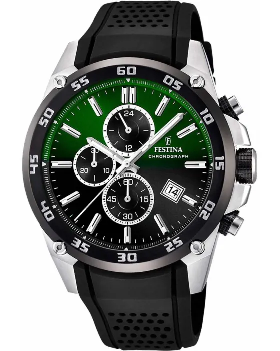 Ανδρικό ρολόι Festina Chronograph F20330 / B, Μαύρο / Πράσινο καντράν, Λουρί από Καουτσούκ