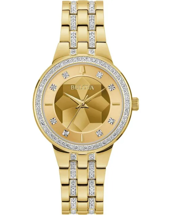 Γυναικείο ρολόι Bulova Crystal Swarovski 97L176, Χρυσό καντράν, Μπρασελέ από Ανοξείδωτο ατσάλι