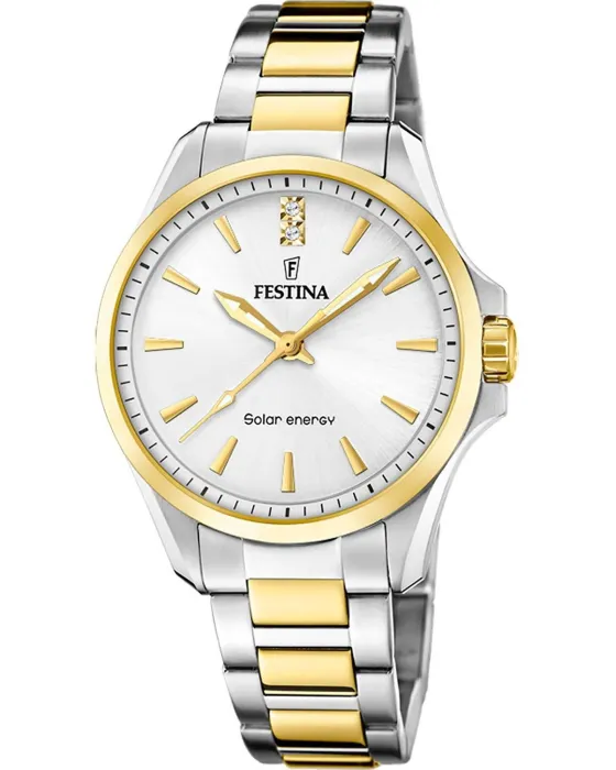 Γυναικείο ρολόι Festina Crystals Solar Energy F20655 / 2, Ασημί καντράν, Μπρασελέ από Ανοξείδωτο ατσάλι