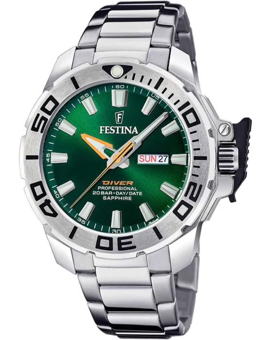 Ανδρικό ρολόι Festina Diver F20665 / 2, Πράσινο καντράν, Μπρασελέ από Ανοξείδωτο ατσάλι