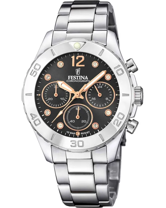 Γυναικείο ρολόι Festina Boyfriend Chronograph F20603 / 6, Μαύρο καντράν, Μπρασελέ από Ανοξείδωτο ατσάλι