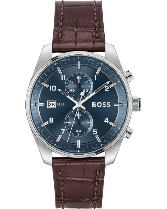 Ανδρικό ρολόι Hugo Boss Skytraveller Chronograph 1514194, Μπλε καντράν, Λουρί από Δερμάτινο