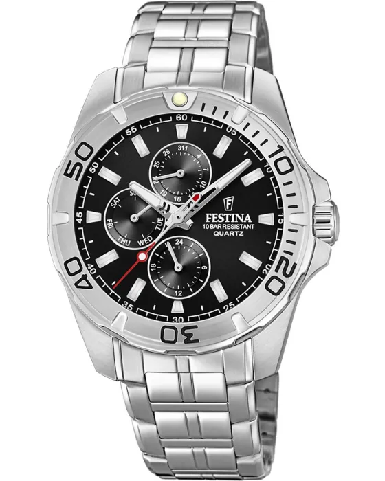 Ανδρικό ρολόι Festina Multifunction F20445 / 3, Μαύρο καντράν, Μπρασελέ από Ανοξείδωτο ατσάλι