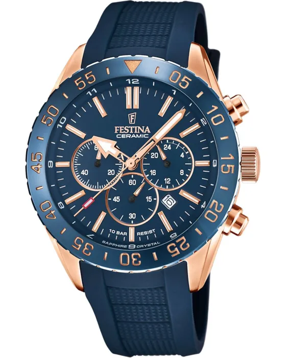 Ανδρικό ρολόι Festina Chronograph F20516 / 1, Μπλε καντράν, Λουρί από Καουτσούκ