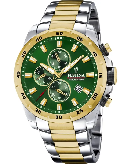 Ανδρικό ρολόι Festina Chronograph F20562 / 3, Πράσινο καντράν, Μπρασελέ από Ανοξείδωτο ατσάλι