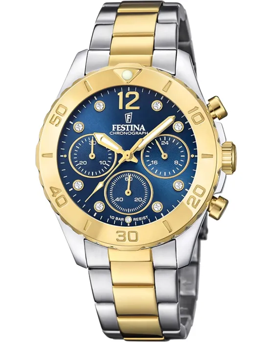 Γυναικείο ρολόι Festina Boyfriend Chronograph F20604 / 3, Μπλε καντράν, Μπρασελέ από Ανοξείδωτο ατσάλι