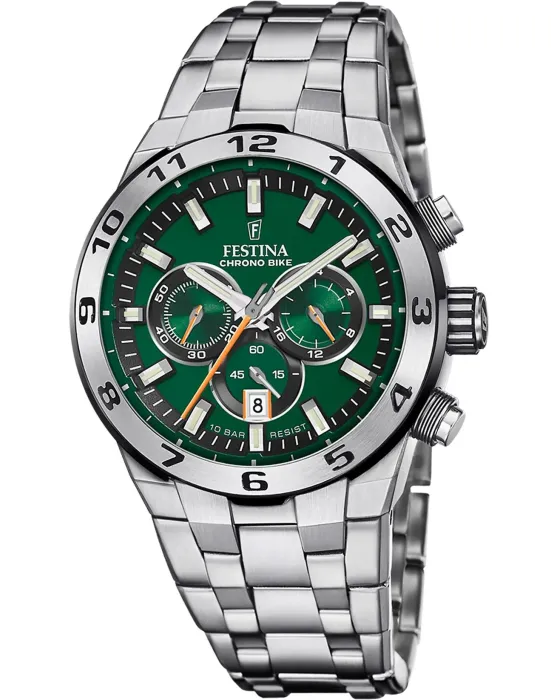 Ανδρικό ρολόι Festina Bike Chronograph F20670 / 2, Πράσινο καντράν, Μπρασελέ από Ανοξείδωτο ατσάλι