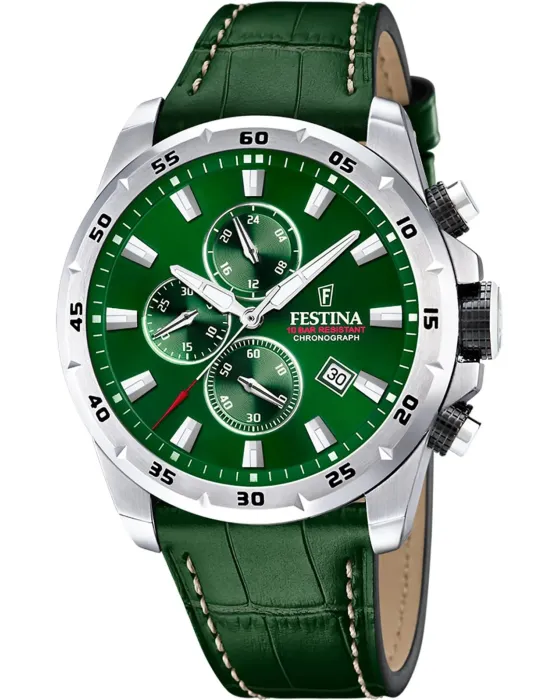 Male watch Festina Chronograph F20692/3, Green dial, Strap in Leather