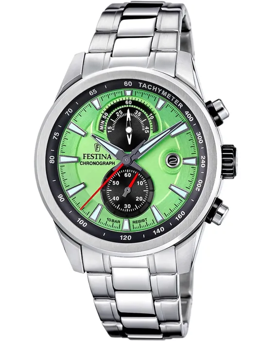 Ανδρικό ρολόι Festina Timeless Chronograph F20694 / 3, Πράσινο καντράν, Μπρασελέ από Ανοξείδωτο ατσάλι