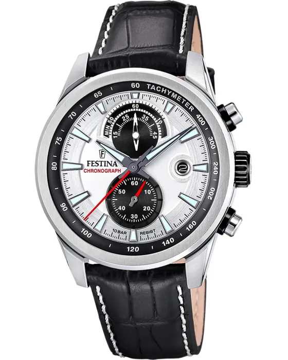 Ανδρικό ρολόι Festina Timeless Chronograph F20695 / 1, Ασημί καντράν, Λουρί από Δερμάτινο