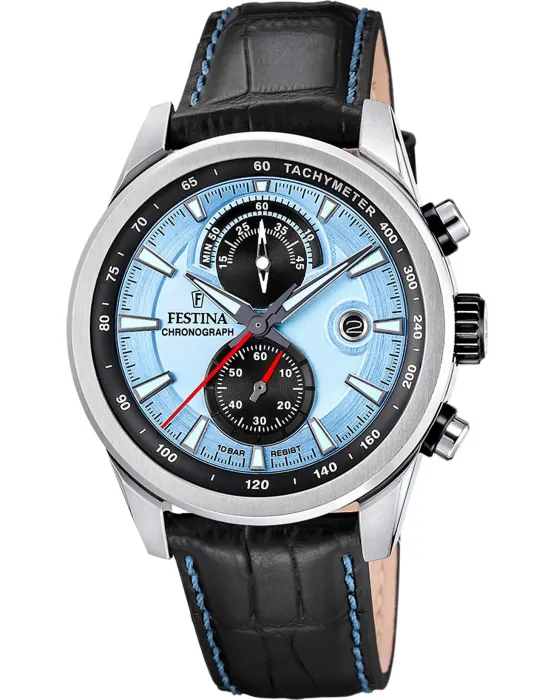 Ανδρικό ρολόι Festina Timeless Chronograph F20695/2, Μπλε καντράν, Λουρί από Δερμάτινο