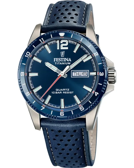 Ανδρικό ρολόι Festina Titanium F20699 / 2, Μπλε καντράν, Λουρί από Δερμάτινο