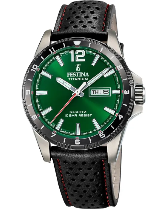Ανδρικό ρολόι Festina Titanium F20699 / 3, Πράσινο καντράν, Λουρί από Δερμάτινο
