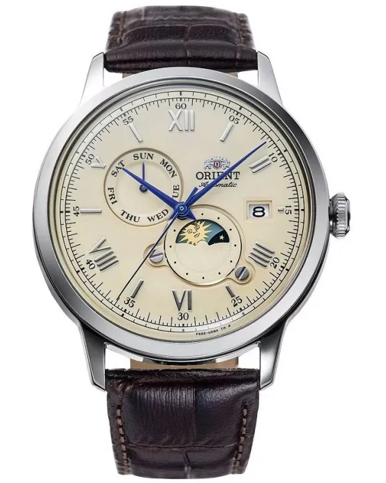 Ανδρικό ρολόι Orient Bambino Automatic Sun & Moon RA-AK0803Y30B, Μπεζ καντράν, Λουρί από Δερμάτινο