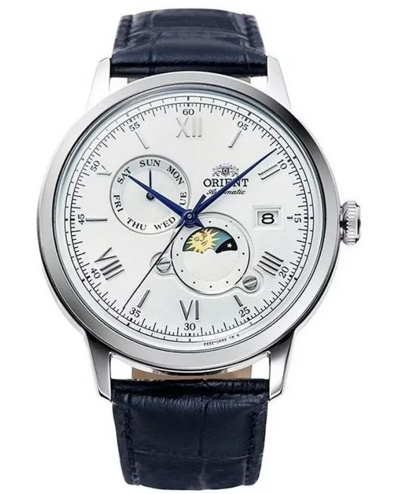 Ανδρικό ρολόι Orient Bambino Automatic Sun & Moon RA-AK0802S30B, Ασημί καντράν, Λουρί από Δερμάτινο