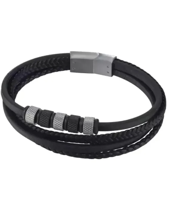 Βραχιόλι Caterpillar Beads J011B20112, Δέρμα, Μαύρο