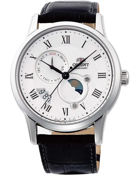 Ανδρικό ρολόι Orient Sun & Moon Automatic RA-AK0008S10B, Λευκό καντράν, Λουρί από Δερμάτινο