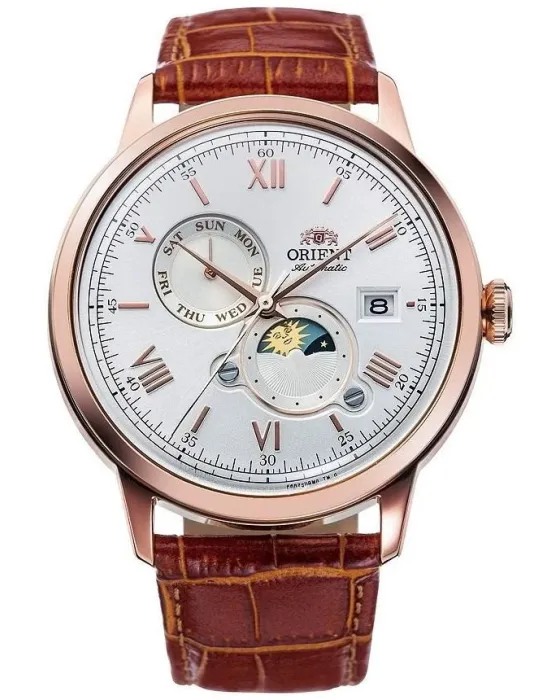 Ανδρικό ρολόι Orient Bambino Automatic Sun & Moon RA-AK0801S30B, Ασημί καντράν, Λουρί από Δερμάτινο