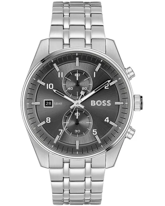 Ανδρικό ρολόι Hugo Boss Skytraveller Chronograph 1514151, Ανθρακί καντράν, Μπρασελέ από Ανοξείδωτο ατσάλι