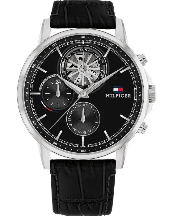 Ανδρικό ρολόι Tommy Hilfiger Stewart 1710605, Μαύρο καντράν, Λουρί από Δερμάτινο