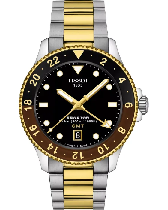 Male watch Tissot T-Sport Seastar 1000 Dual Time GMT T1208522205100, Black dial, Bracelet in Stainless Steel