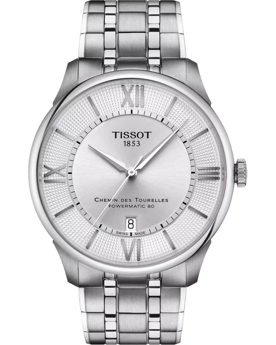 Male watch Tissot T-Classic Chemin Des Tourelles Powermatic 80 T1394071103800, Silver dial, Bracelet in Stainless Steel