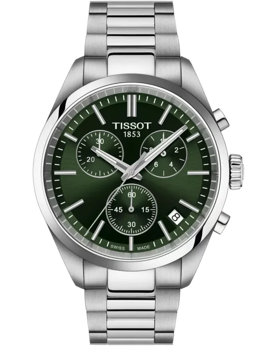 Ανδρικό ρολόι Tissot T-Classic PR100 Chronograph T1504171109100, Πράσινο καντράν, Μπρασελέ από Ανοξείδωτο ατσάλι